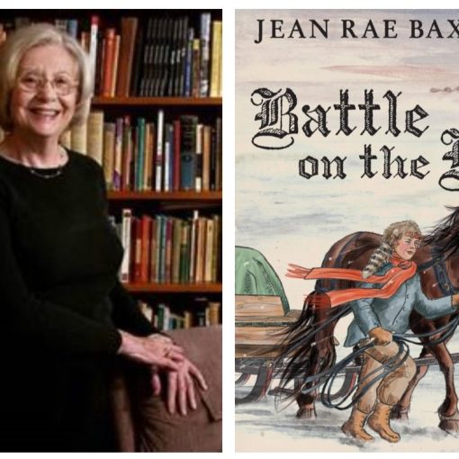 Image of Jean Rae Baxter and the cover of her book "Battle on the Ice"